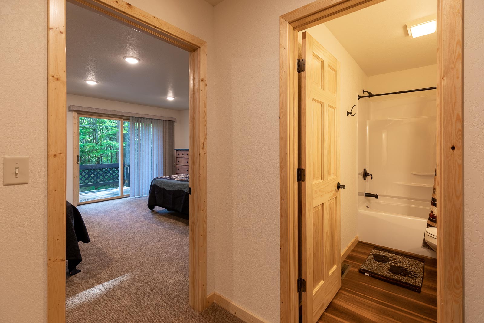 Spruce cabin bathroom and bedroom