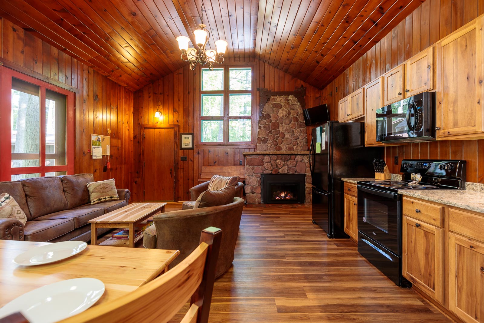 Swiss cabin living room and kitchenette